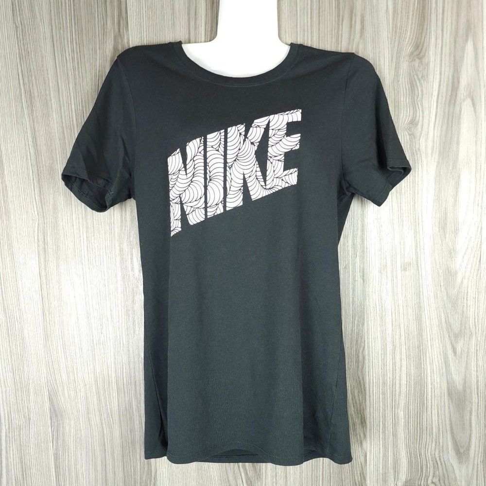 Nike Womens Dri-FIT Graphic T-Shirt Black Swirl Logo Performance Tee Small